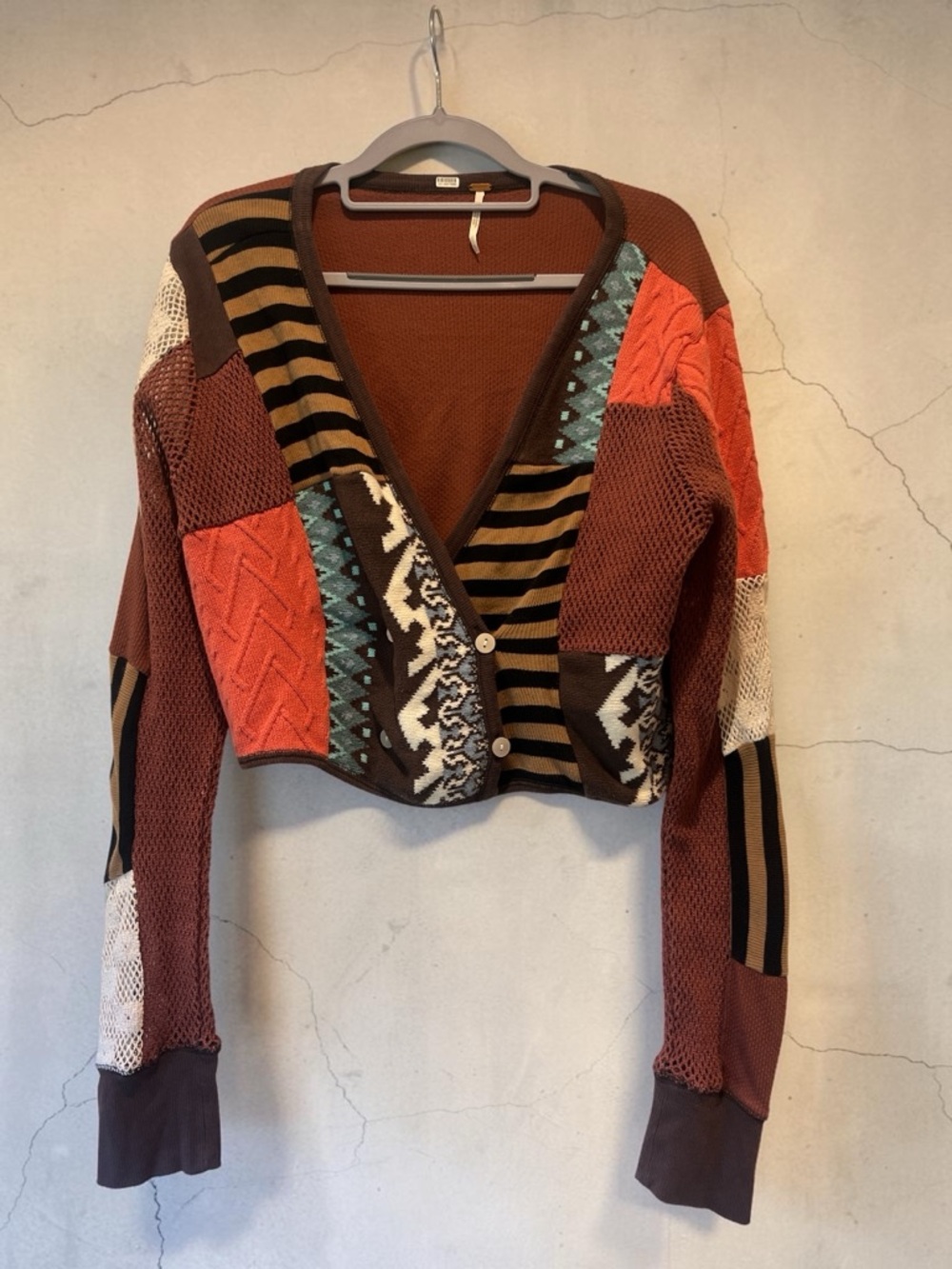 Free People XL Patchwork Crop Cardigan Boho Mixed Knit V-Neck Button Top